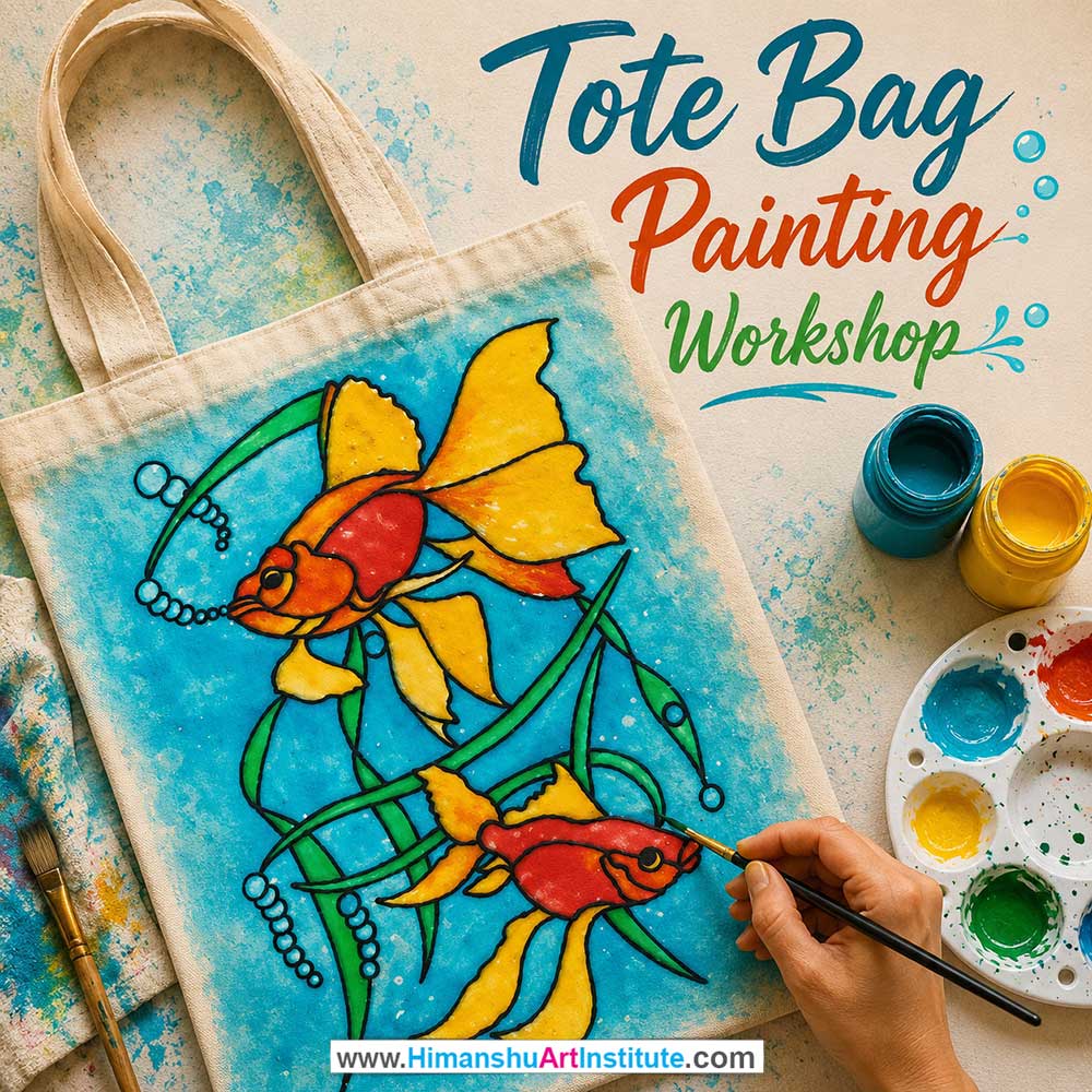 Tote Bag Painting Workshop for Foreigners, Tote Bag Painting Workshop for Foreigners in Delhi, Online Tote Bag Painting Workshop for Foreigners, Indian Folk Art Classes for Foreigners, Indian Art Workshop for Foreigners, Himanshu Art Institute
