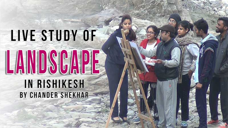 Live Demonstration of Landscape in Rishikesh Uttrakhand to Students by Chandrashekhar, Faculty of Himanshu Art Institute, Ind=stitute of Fine Arts, Best Fine Art Academy in Delhi, India