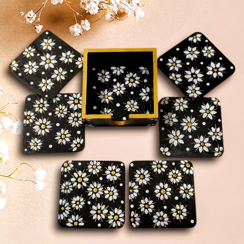 Hand-Painted Coaster Set with Holder - Set of 6, Hand-Painted Coaster Set with Holder - Set of 6